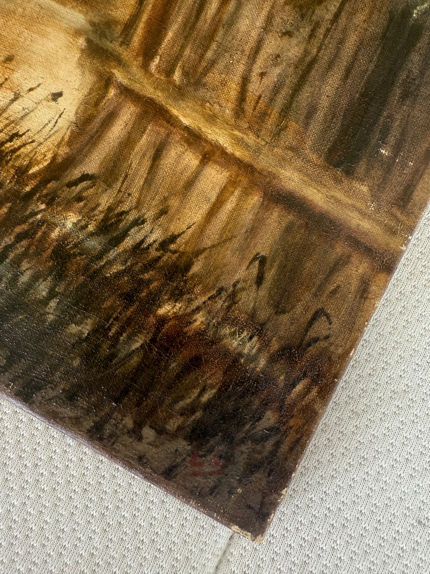 Late 19th Century European School Oil Painting – Riverside Landscape with Rowboat, Monogrammed