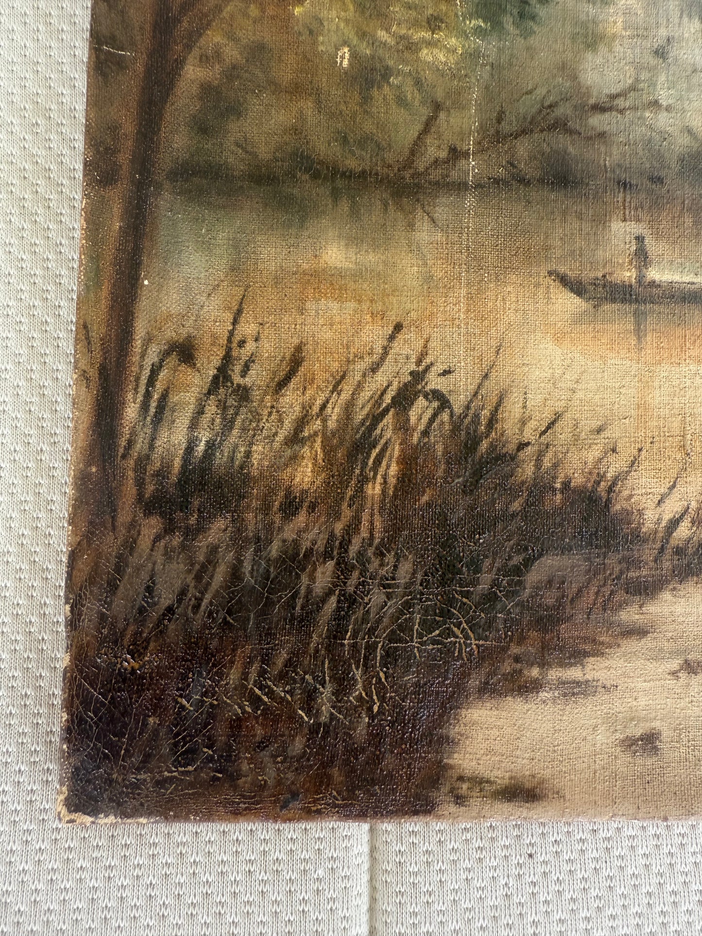 Late 19th Century European School Oil Painting – Riverside Landscape with Rowboat, Monogrammed