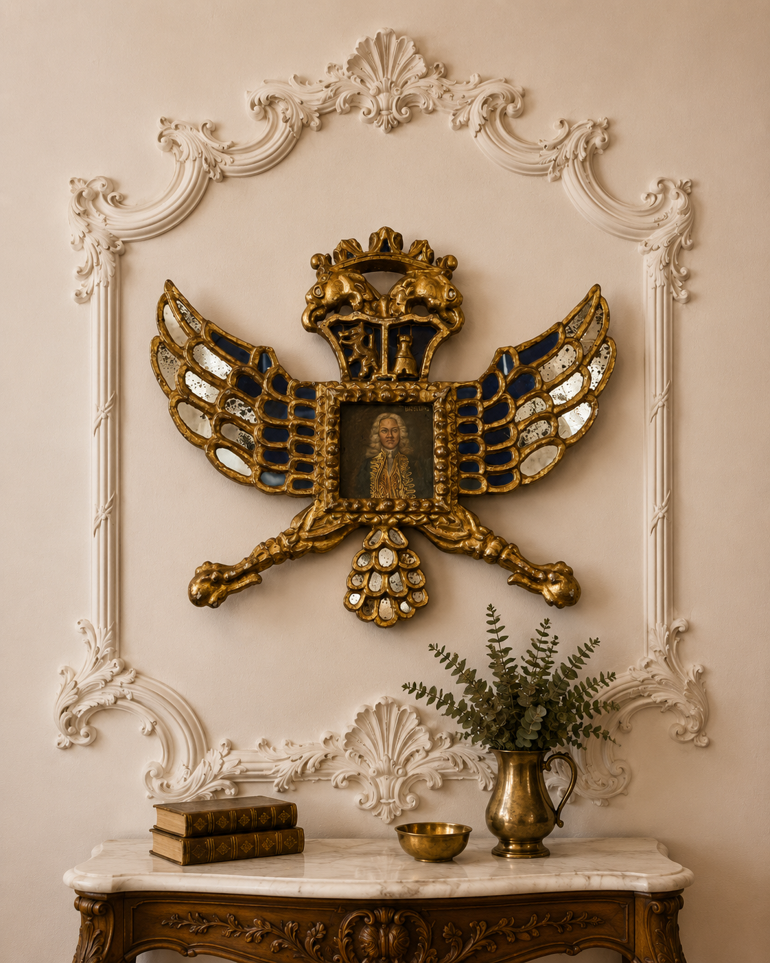 Spanish Colonial Giltwood Heraldic Mirror Frame with Portrait, Late 18th/Early 19th Century