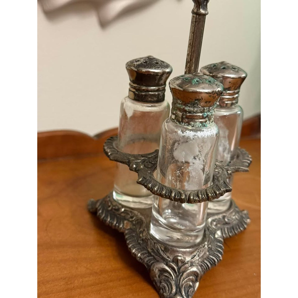 Vintage Silverplate 3 Bottle Salt Pepper Condiment Caddy Glass Shaker Set