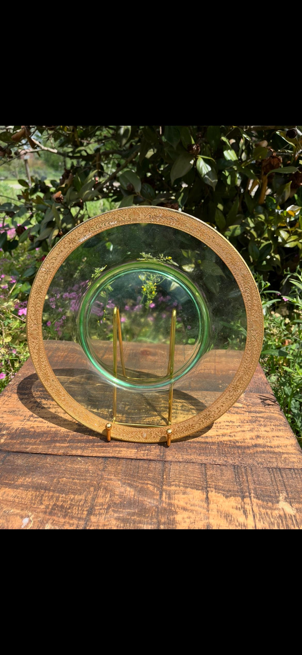 Uranium Glass Plate with Gold Rim – Fostoria Vintage Plate – Radiates Under UV – Elegant Glassware – Collectible Tableware