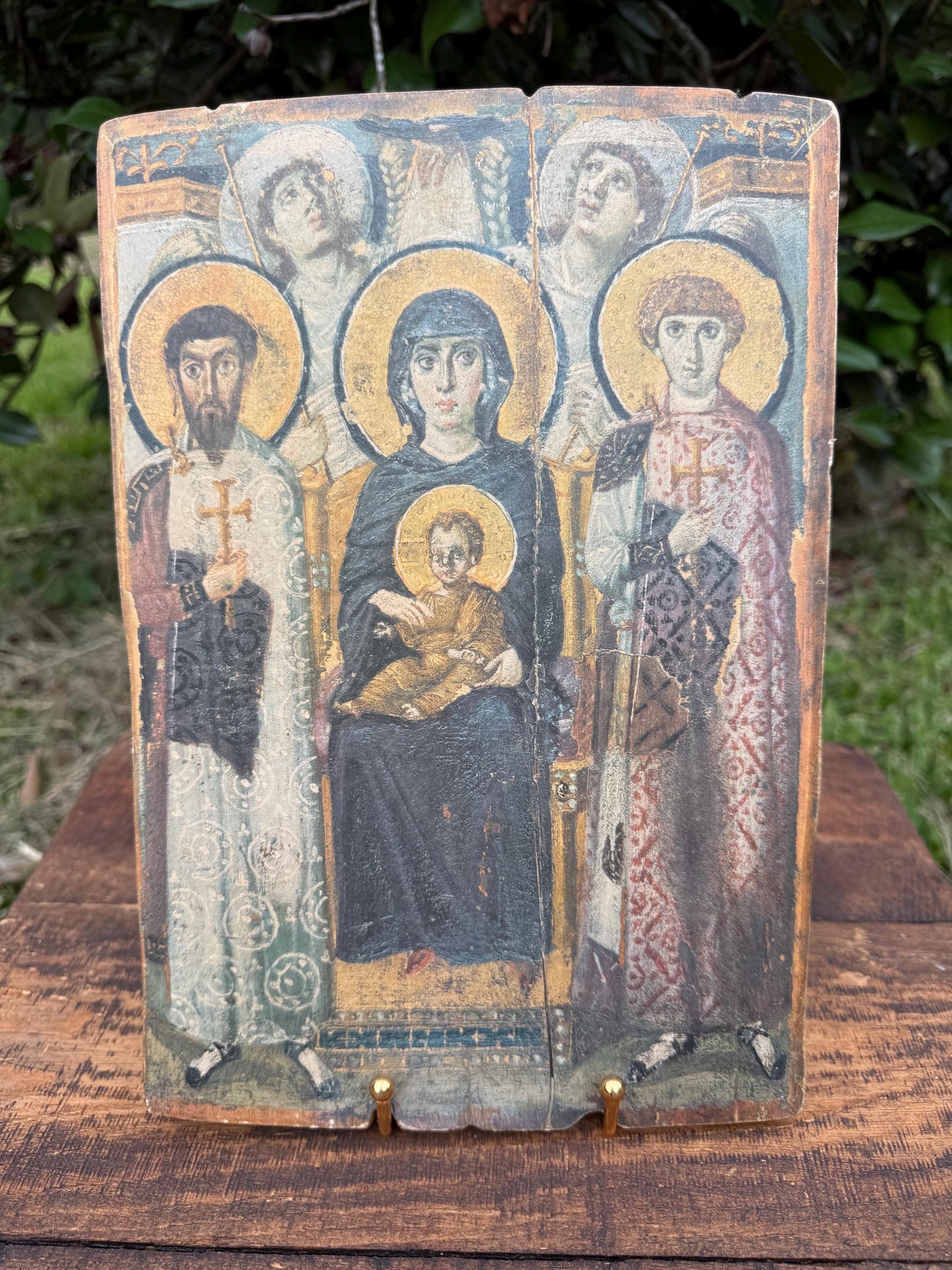 Greek Orthodox Icon – Virgin and Child with Saints & Angels, 6th Century Sinai Replica, 10x13 Mounted Print