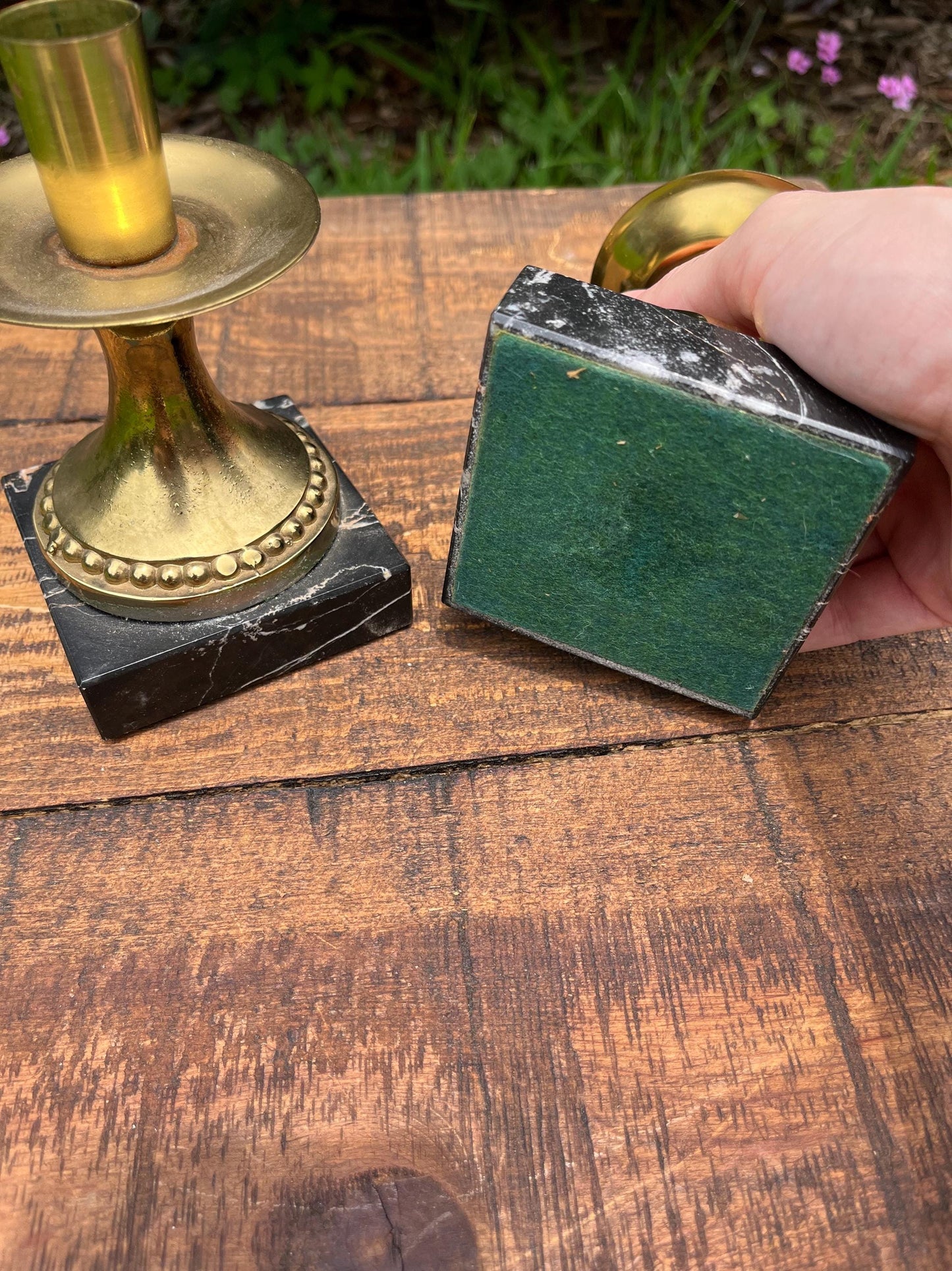 Pair of Brass Mini Candlesticks with Black Marble Bases – Hollywood Regency Table Decor