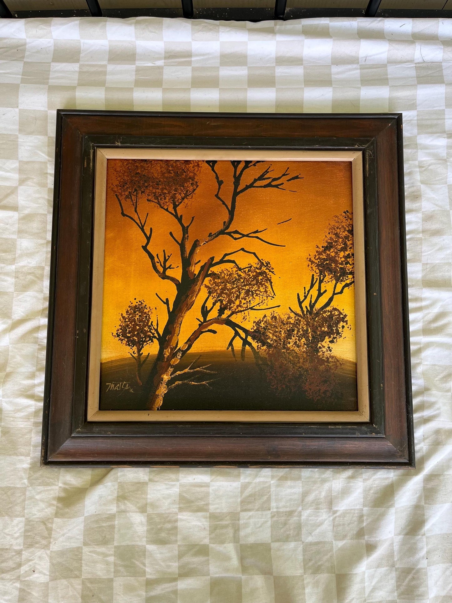 Vintage Oil Painting of Tree at Sunset | 1960s–70s Silhouette Landscape | Glowing Orange Sky Art