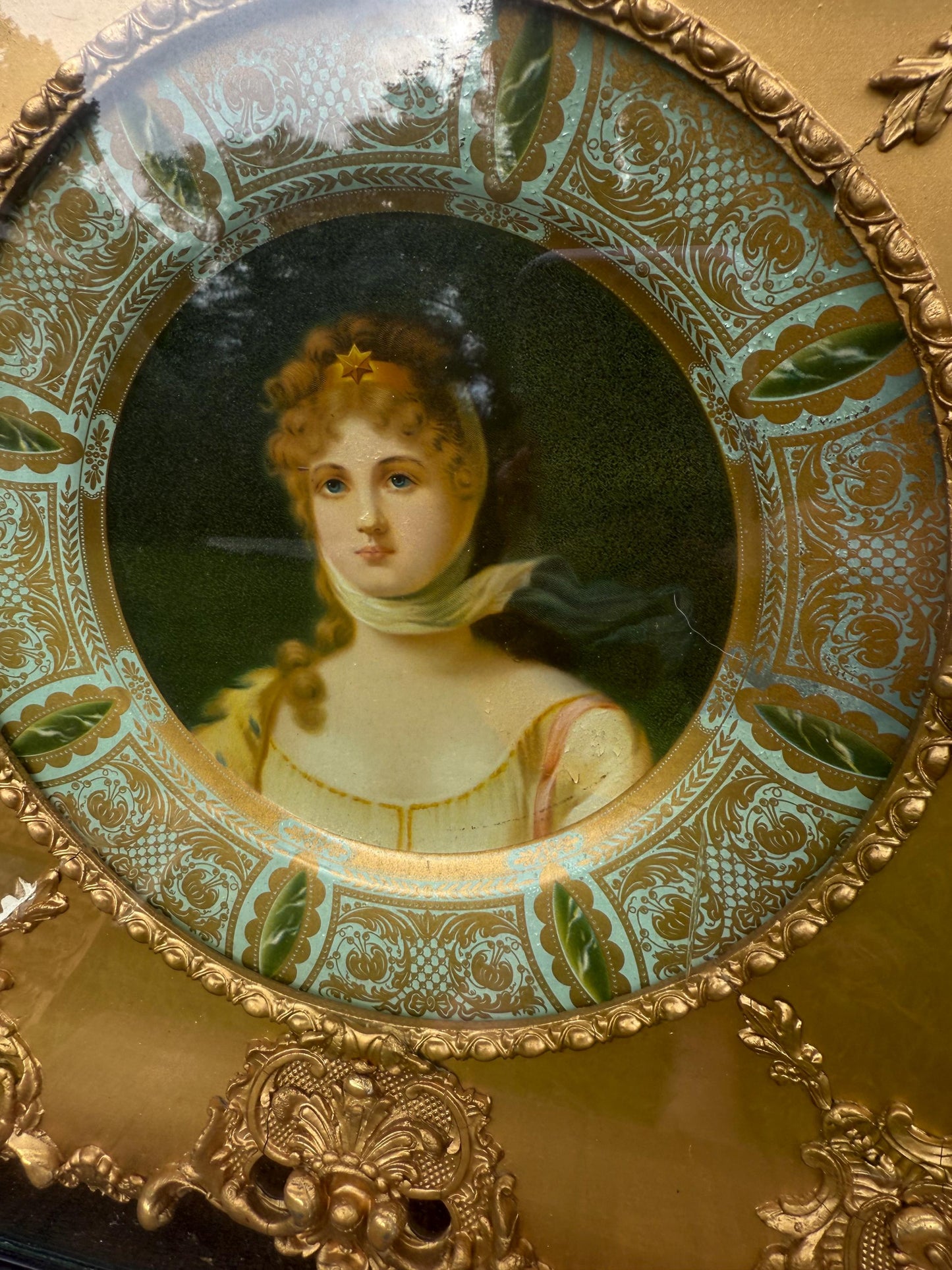 Antique Vienna Portrait Plate with Gilded Brass Mat | Early 1900s Hand-Painted Porcelain Lady Portrait, Framed