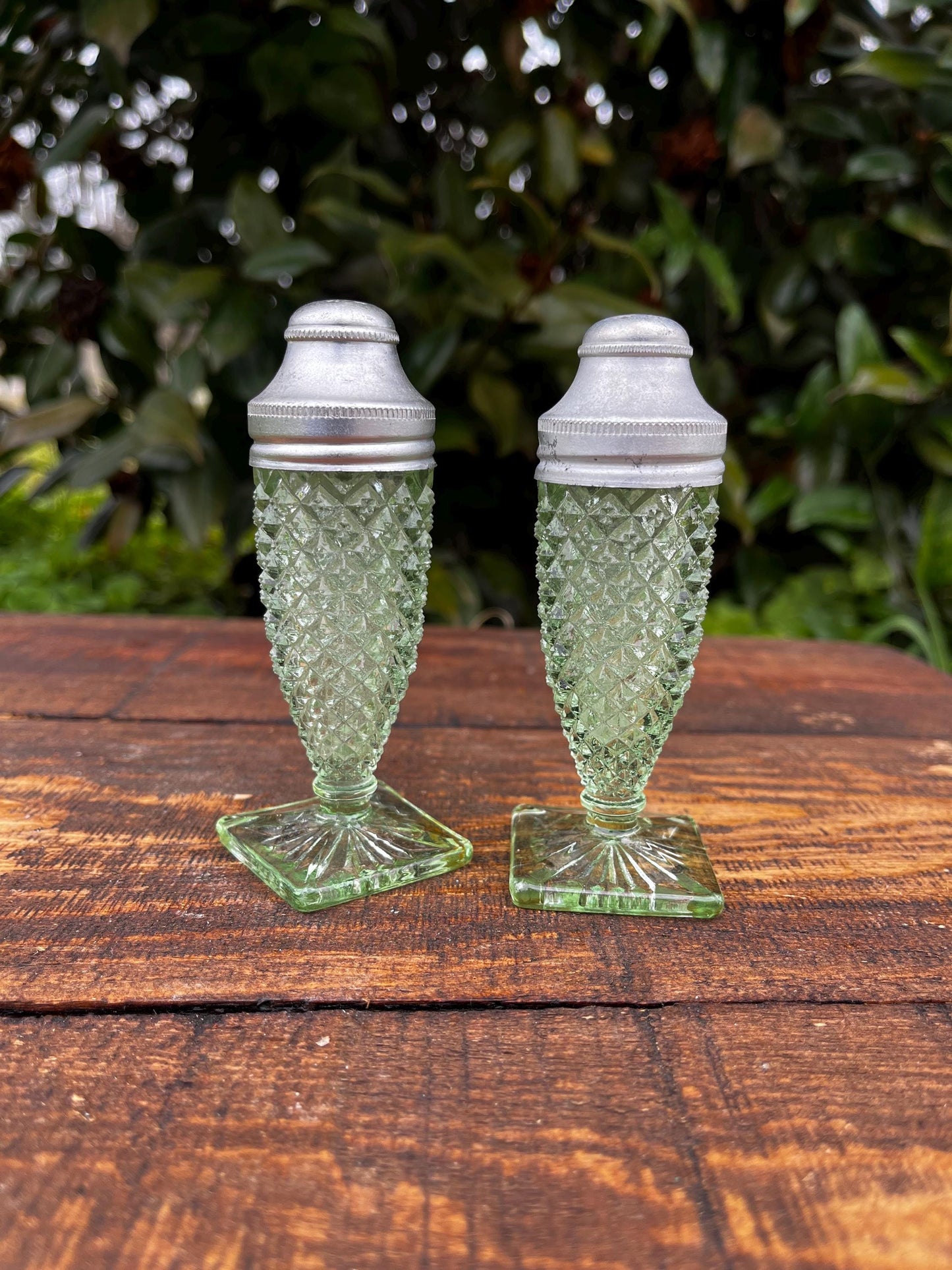 Miss America Green Glass Salt and Pepper Shakers, Depression Glass, Antique Dinnerware, Kitchen Collectibles