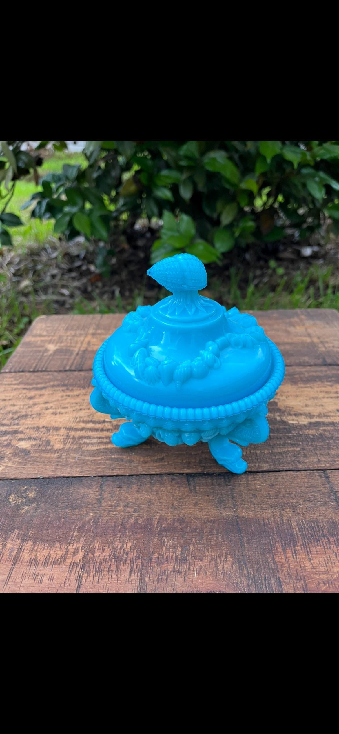 Victorian Blue Milk Glass Shell Dish with Lid – Portieux Vallerysthal Style Trinket Jar