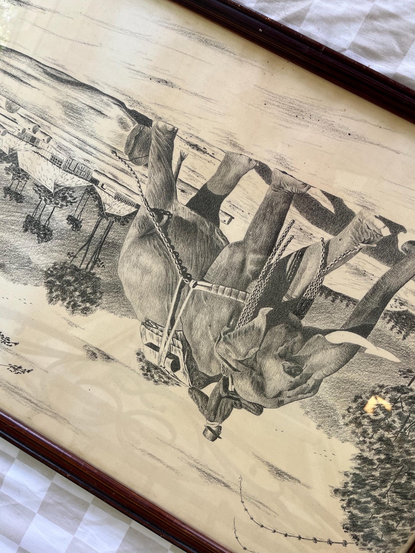 Graphite Drawing of Logging Elephants | Mid-Century Thai Art by Niwat | Chiang Mai, Siam Scene