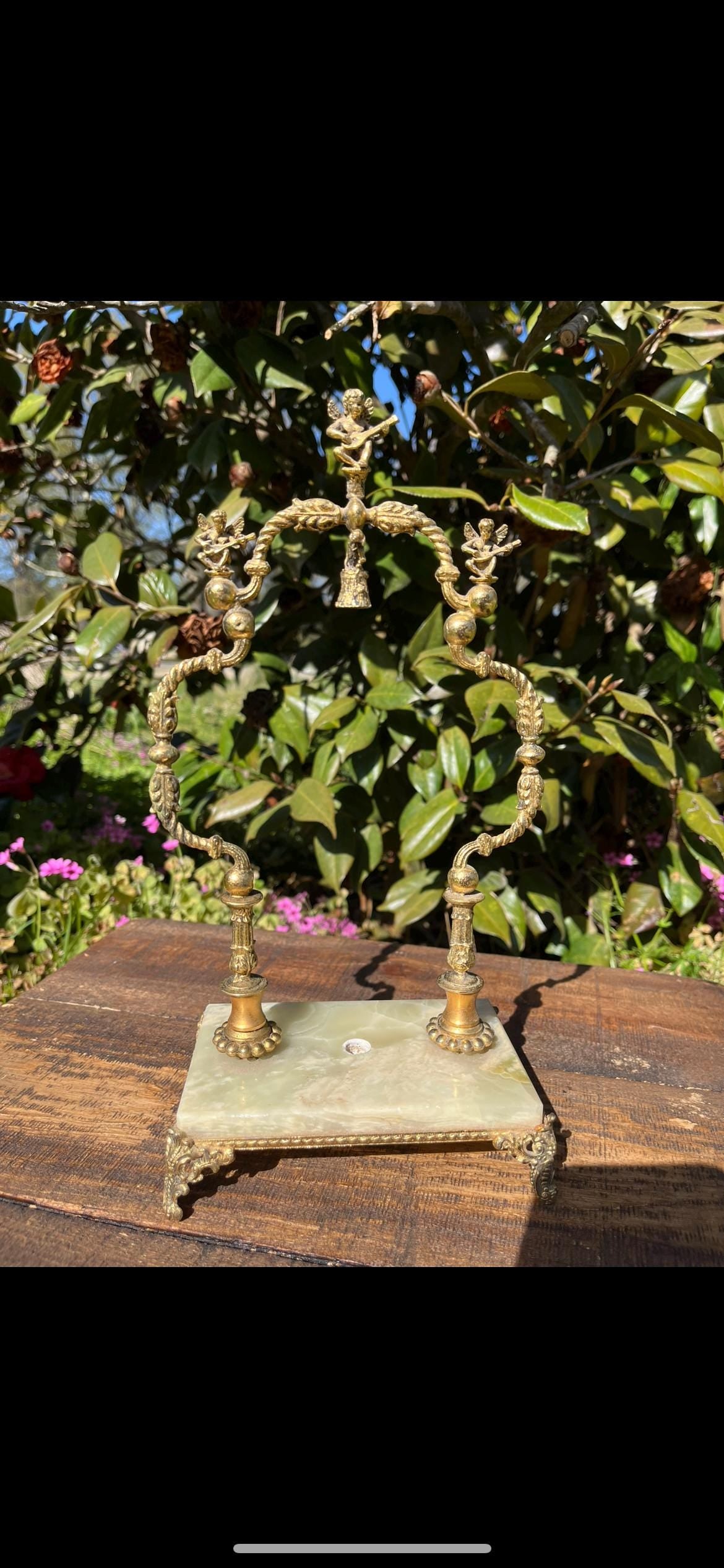 Brass Pocket Watch Stand with Onyx Base – Vintage Display Stand – Elegant Watch Holder for Desk or Mantel