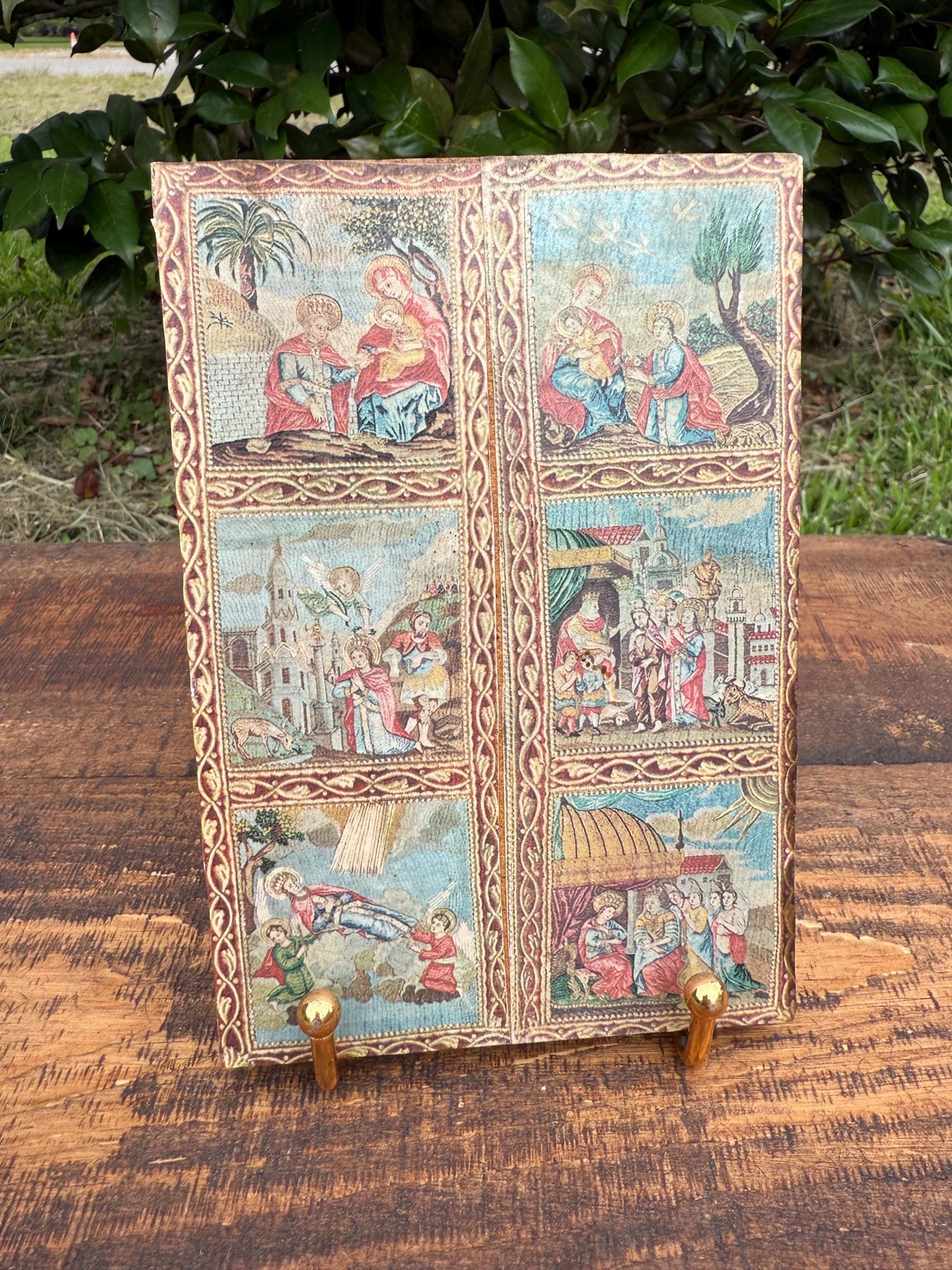 Greek Orthodox Icon Plaque from Meteora – Vintage Six-Scene Religious Print on Wood – Byzantine Style Wall Art