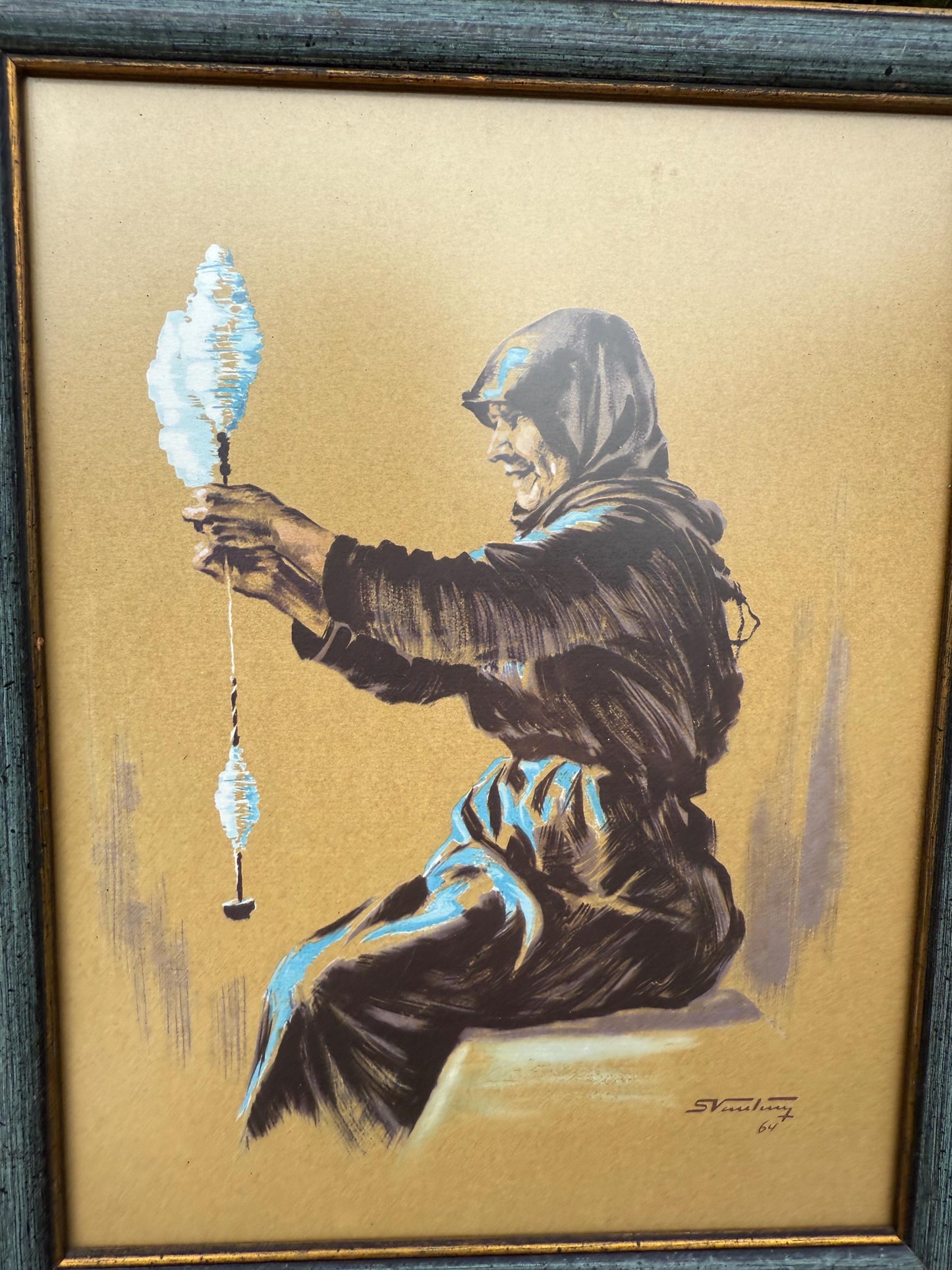 Framed Greek Cotton Spinner Print – Skyros Island Folk Art by Vassiliou 1964, 10.5x13.5