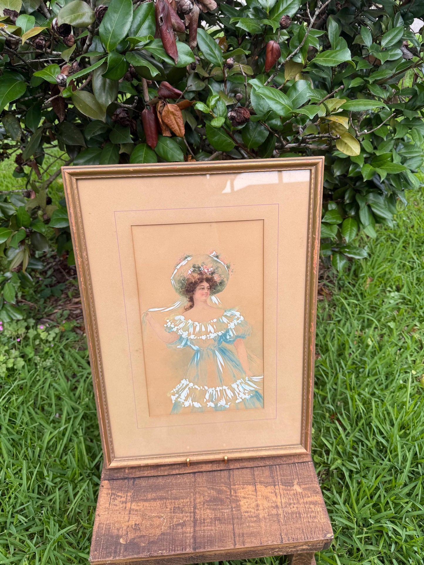 Antique Portrait of Woman in Blue by E. Lewis | Watercolor or Gouache | Framed Romantic Art | Edwardian Style Lady Painting