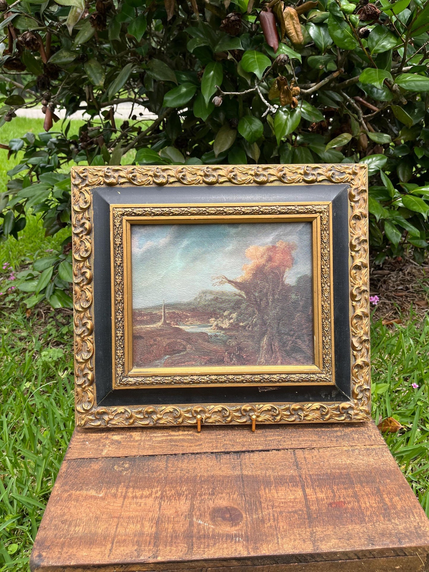 Vintage Framed Landscape Print – Moody Tree Scene in Ornate Black & Gold Frame