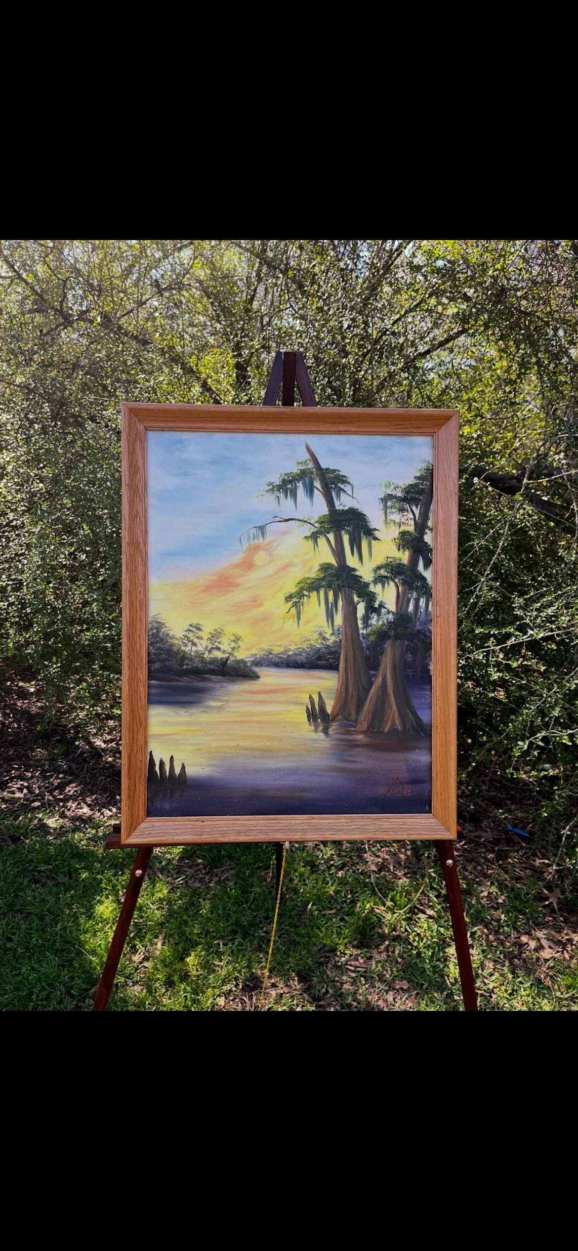 Bayou Landscape Oil Painting by J. Bryant – Southern Cypress Swamp Sunset – Framed Vintage Art