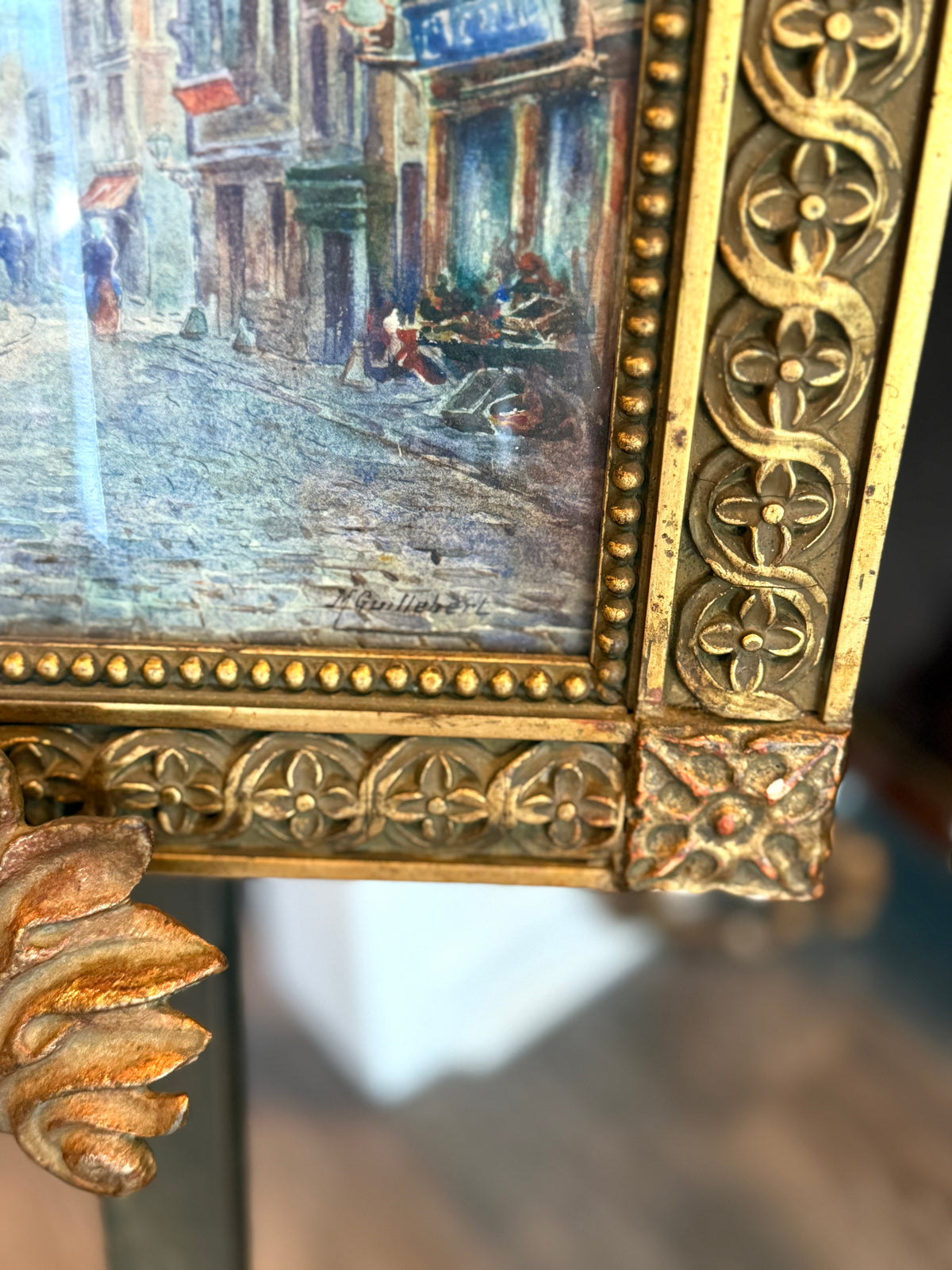 Pair of Signed French Village Street Scene Watercolors by M. Guillebert in Gothic Revival Frames