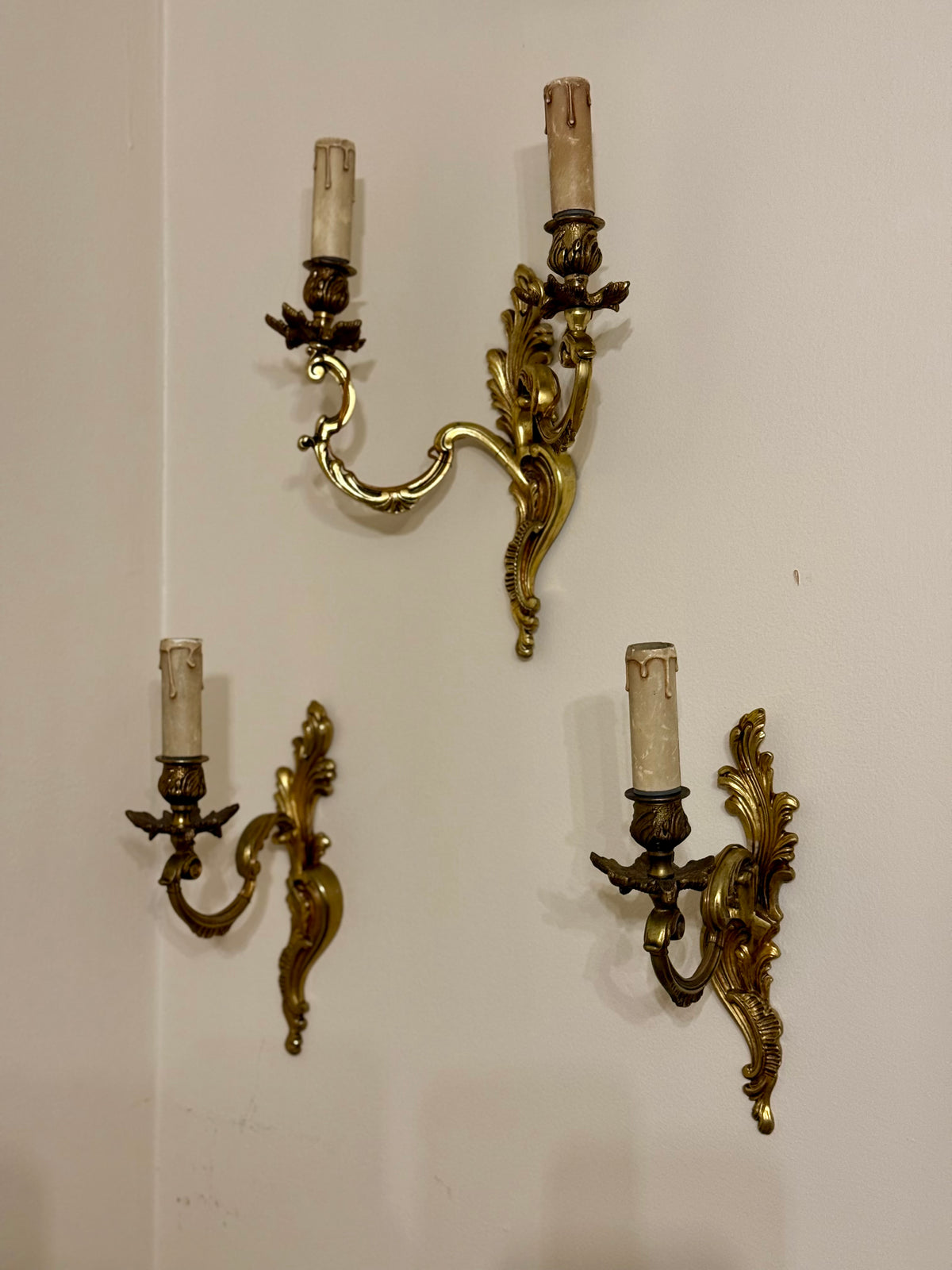 Mid-Century French Brass Rococo Revival Wall Sconces | Set of Three