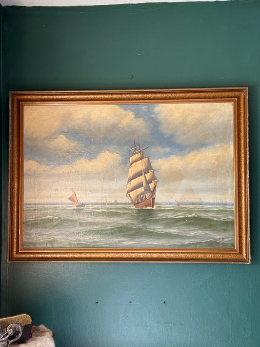 Large Antique Maritime Oil Painting by Steen Bille, Signed “St. B.”, Tall Ship at Sea, Early 20th Century