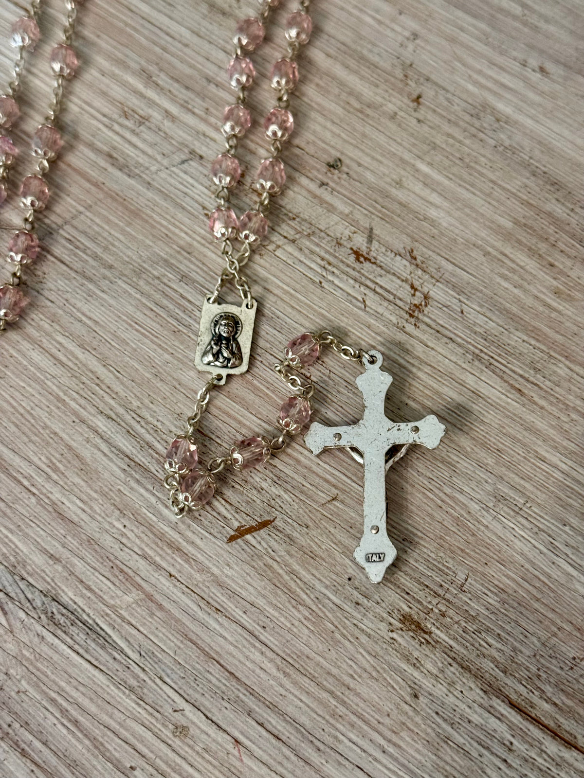 Vintage Pale Pink Faceted Glass Catholic Rosary with Marian Medal