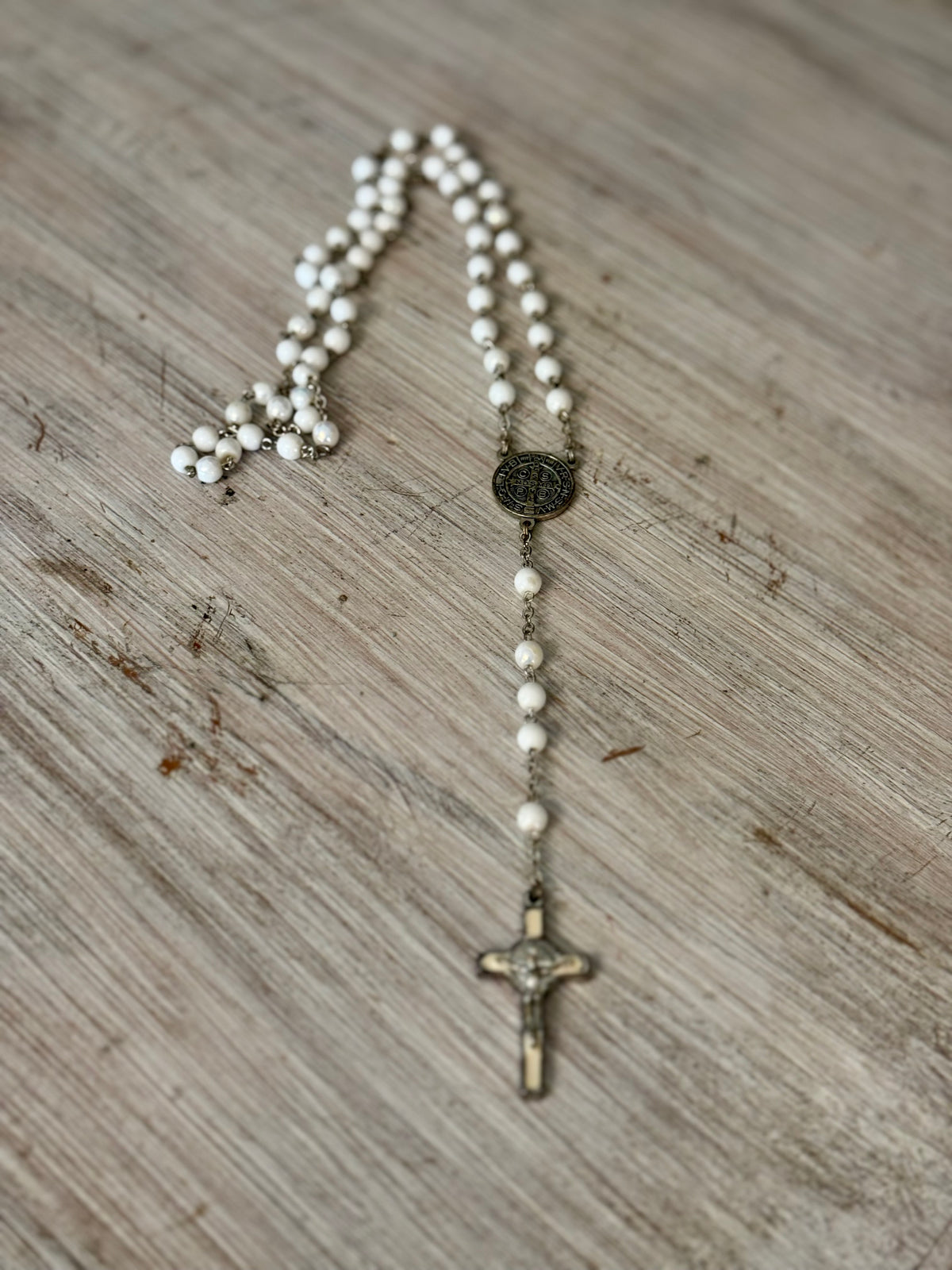 Vintage White Opalescent Beaded St. Benedict Catholic Rosary