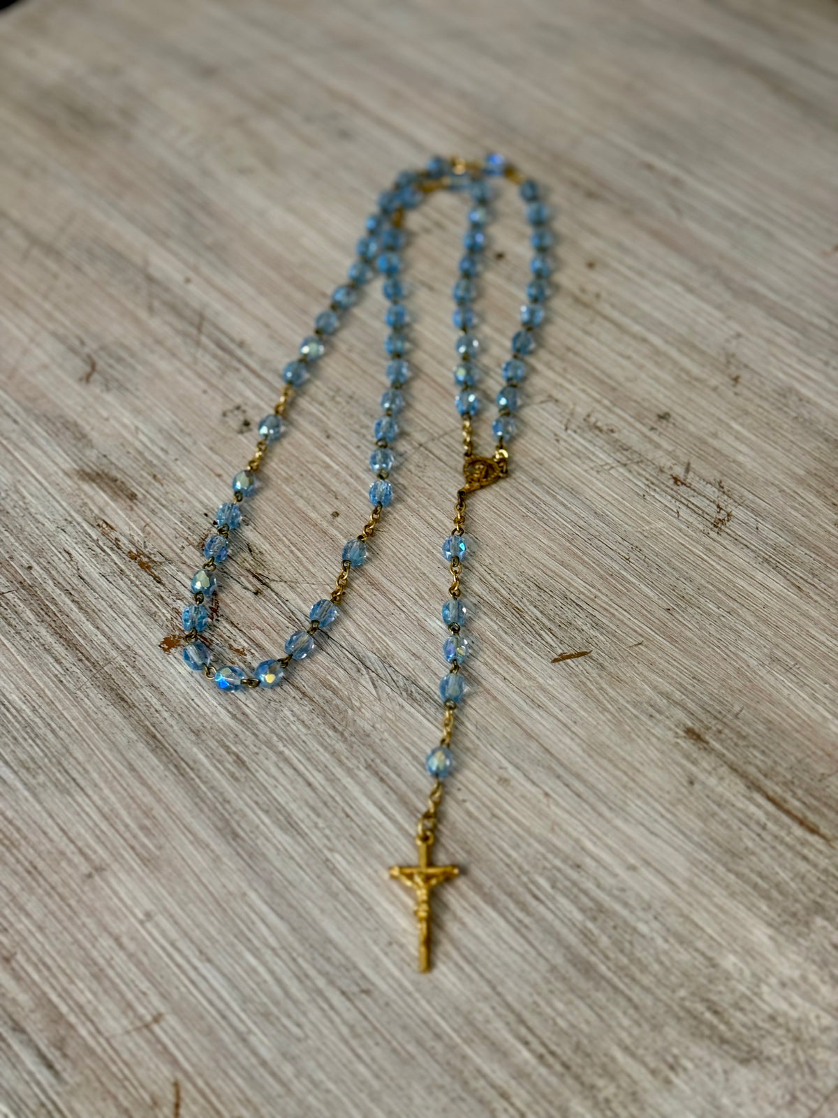 Vintage Aquamarine Blue Iridescent Glass Catholic Rosary