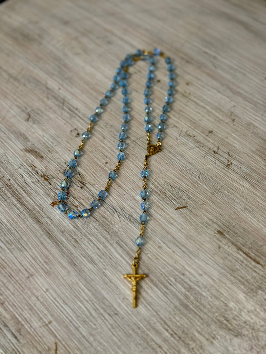 Vintage Aquamarine Blue Iridescent Glass Catholic Rosary