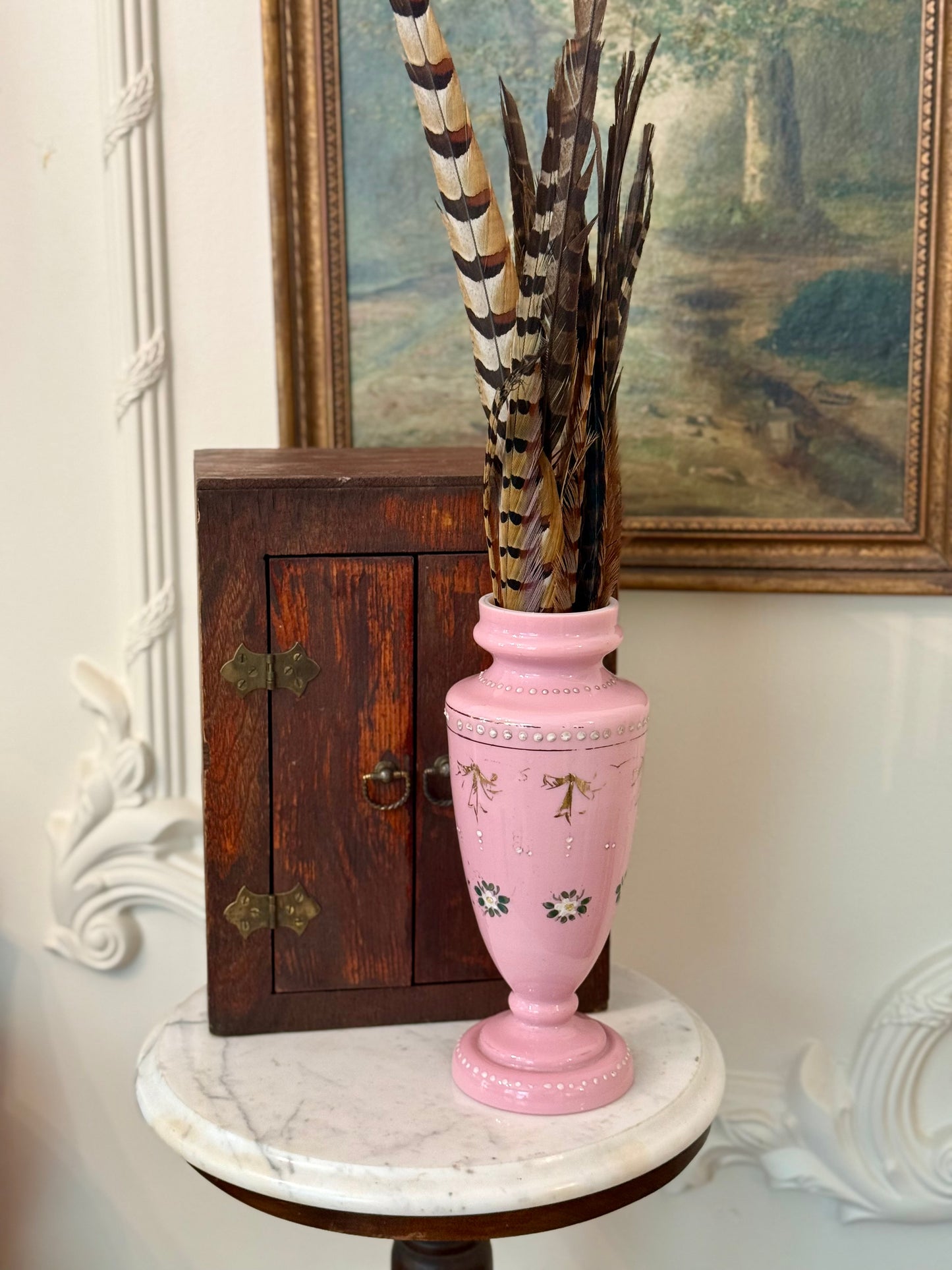 Antique Victorian Pink Hand Enameled Art Glass Vase