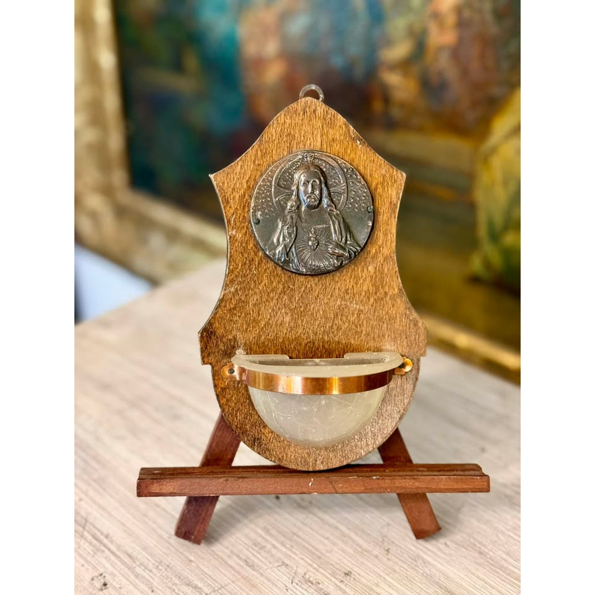 Vintage Sacred Heart of Jesus Wooden Holy Water Font, Catholic Devotional Wall Plaque