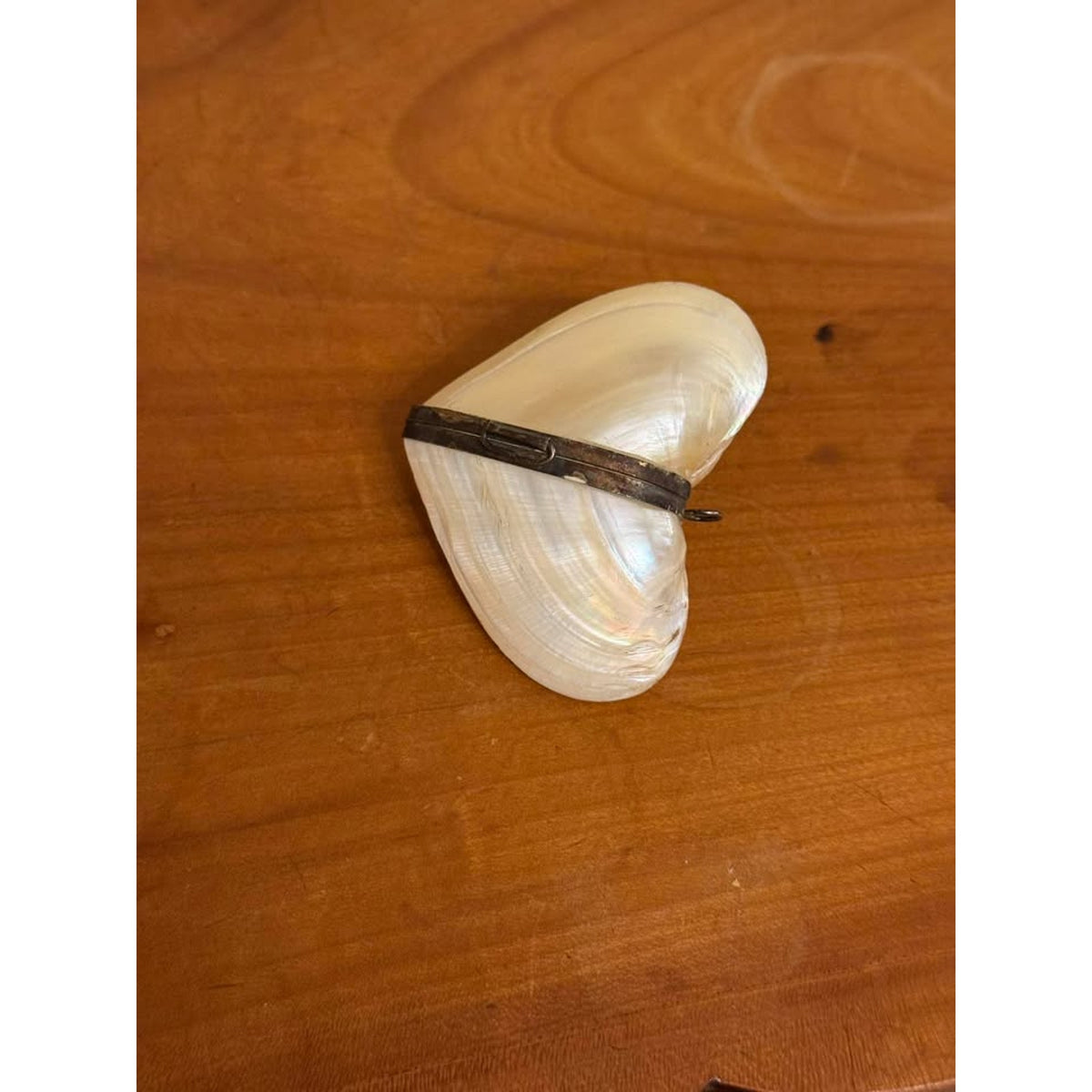 Antique Style Mother of Pearl Heart Locket Box Shell Pendant Hinged Trinket Case