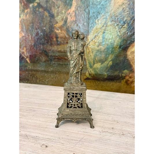 Vintage Saint Joseph with Christ Child Metal Devotional Statue