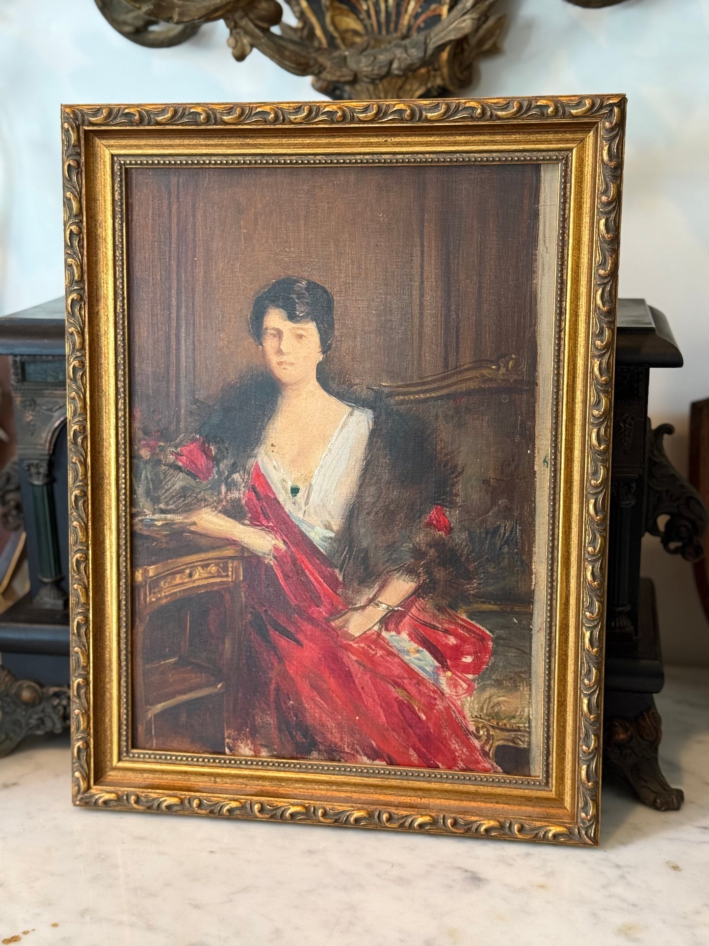 Continental School “Woman with Fur Stole” Oil on Panel Portrait, 19th/20th Century