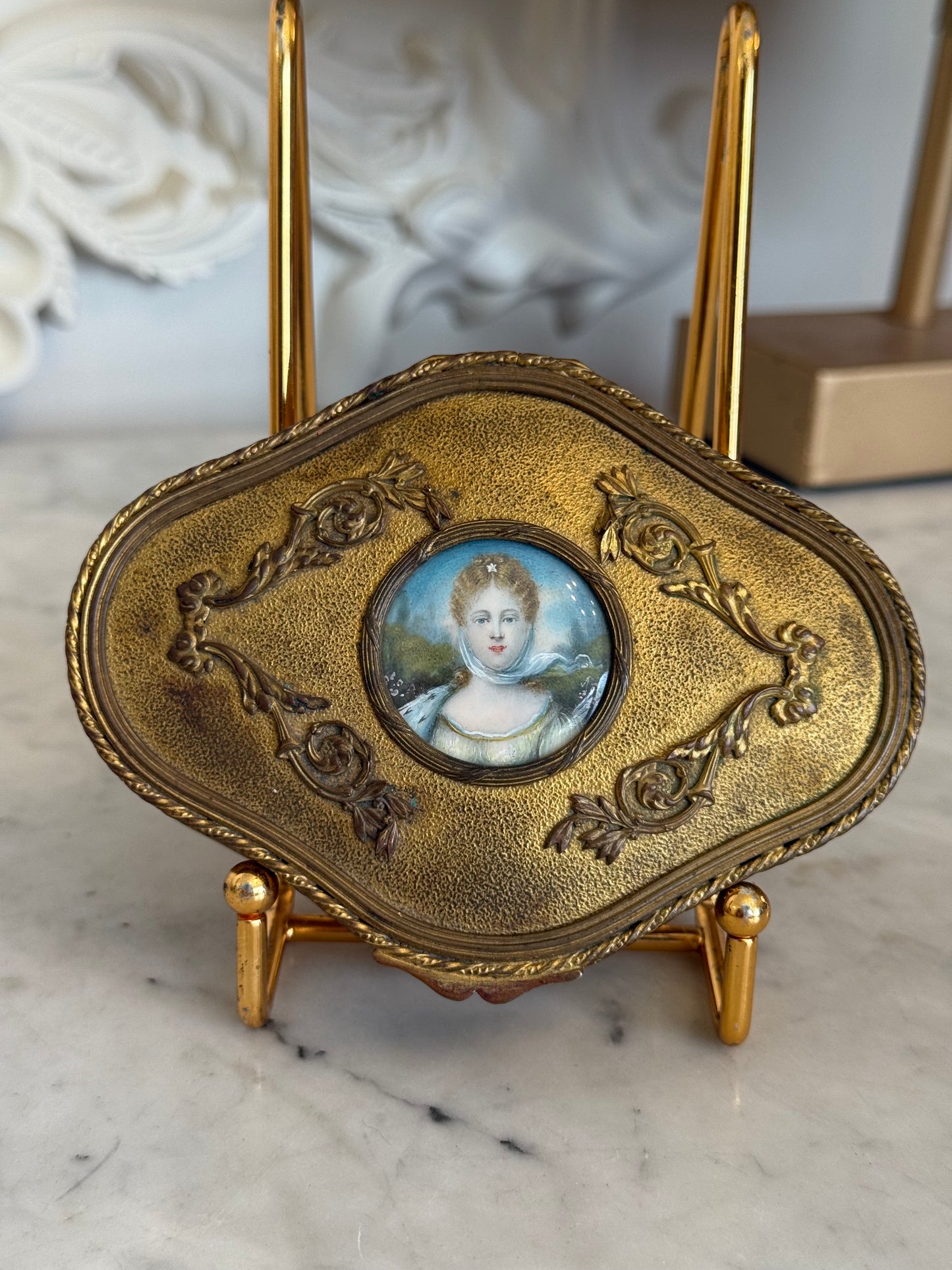 Antique French Gilt Jewelry Casket with Portrait Miniature Lid, Velvet Interior