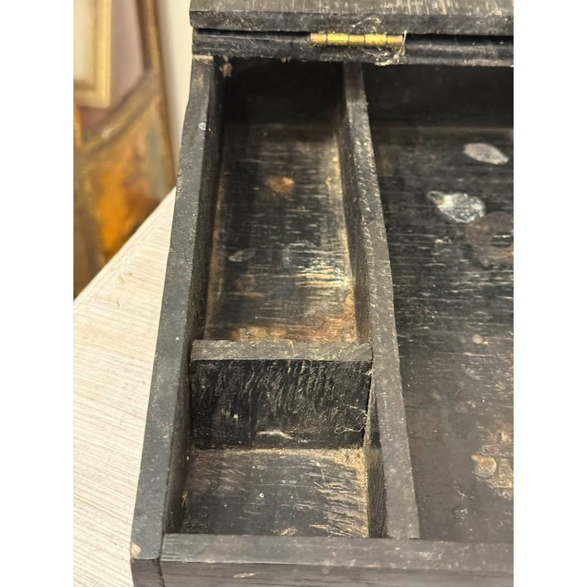 Antique Primitive Black Painted Wooden Bible Box, Slant Top Storage Chest
