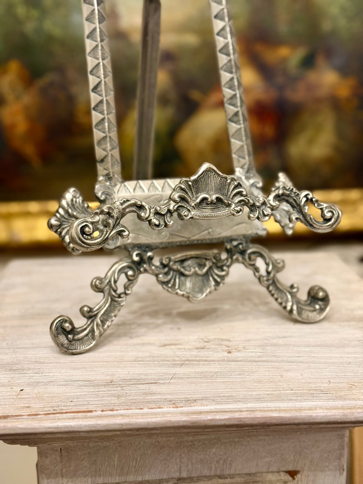 Vintage Ornate Silver-Toned Metal Display Easel with Rococo Scrollwork, 22.75”