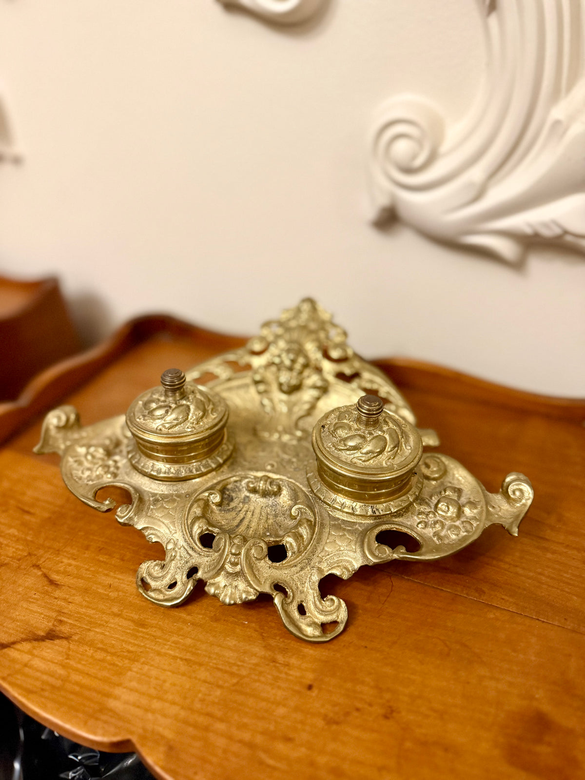 Vintage Rococo Revival Ornate Cast Metal Double Inkwell Inkstand