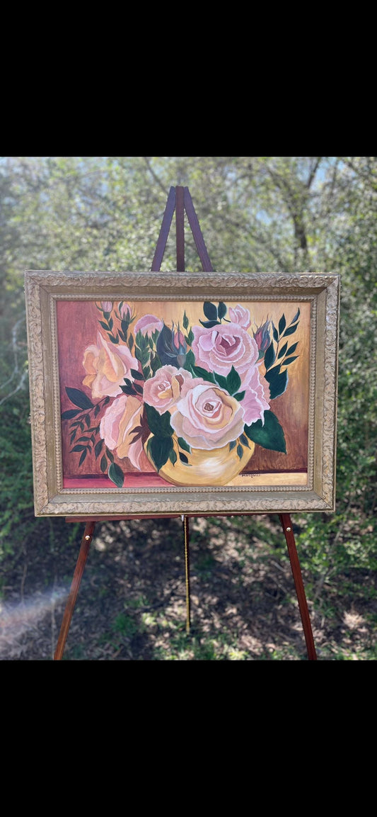 Vintage Floral Still Life Painting – Mid Century Roses in Yellow Vase, Original Signed Oil by Margaret