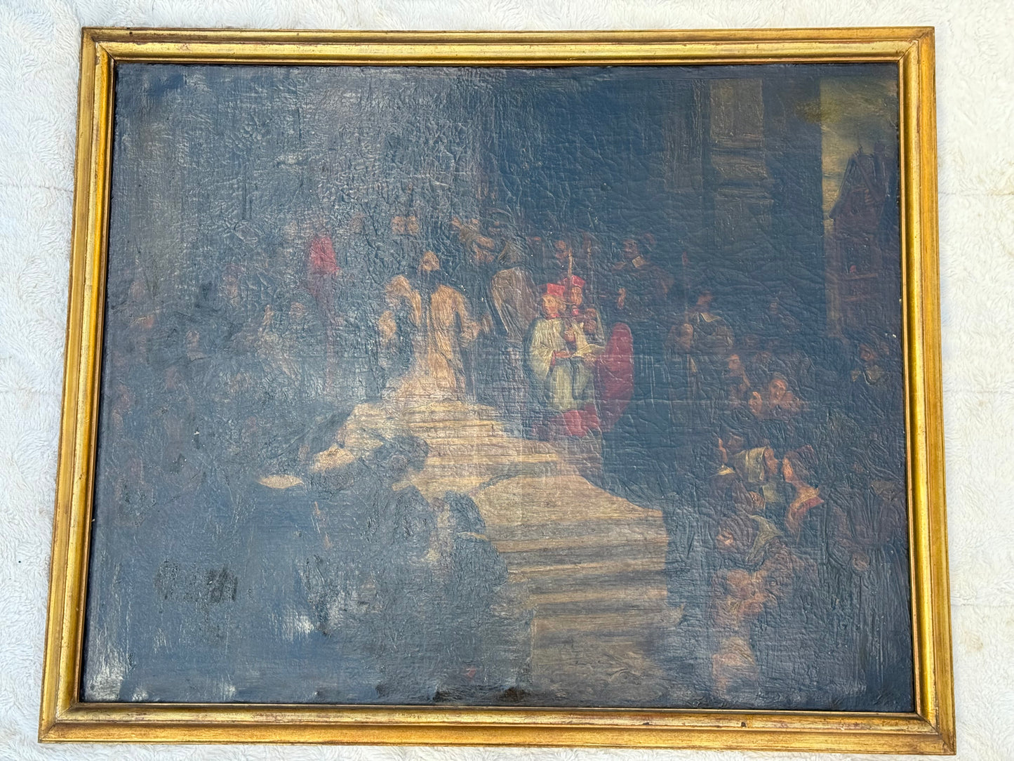 Huge Mid-19th Century Continental Public Penance Tribunal Scene – Dramatic Historic Oil Painting (35x42”)