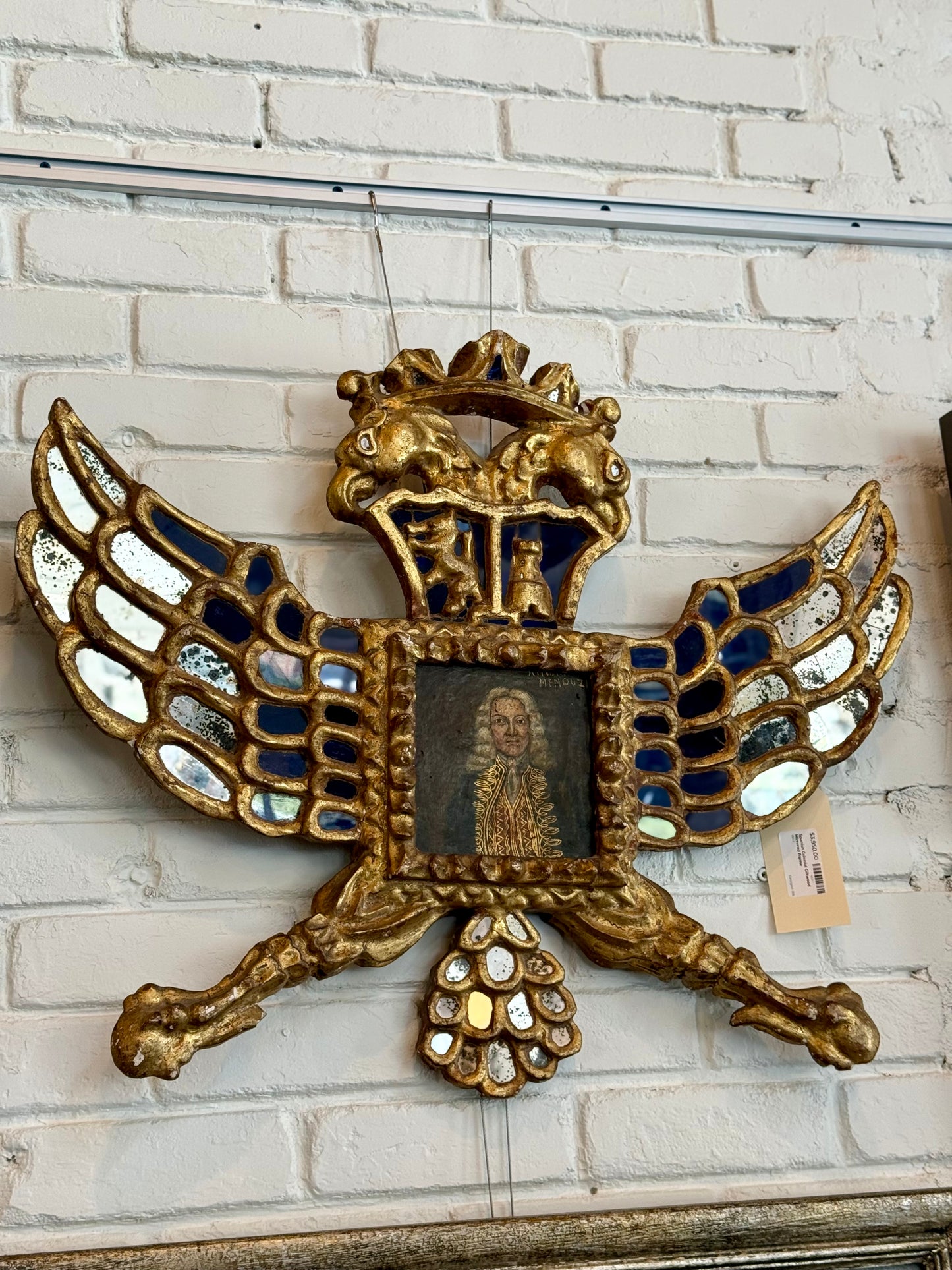 Spanish Colonial Giltwood Heraldic Mirror Frame with Portrait, Late 18th/Early 19th Century