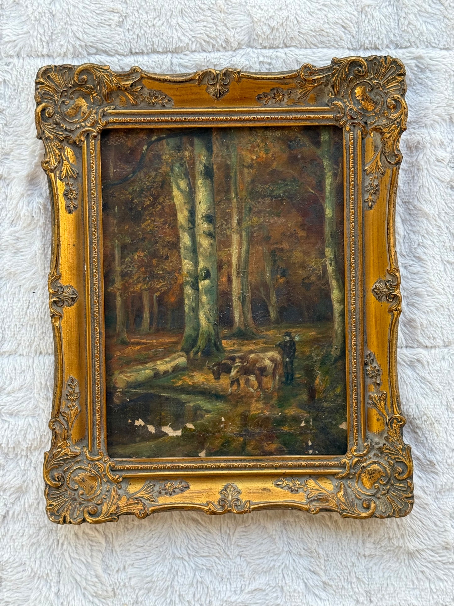 19th-Century Continental Woodland Landscape with Cattle & Herdsman
Oil on Canvas, c. 1860–1890 (9×12 canvas, 12×15 framed)