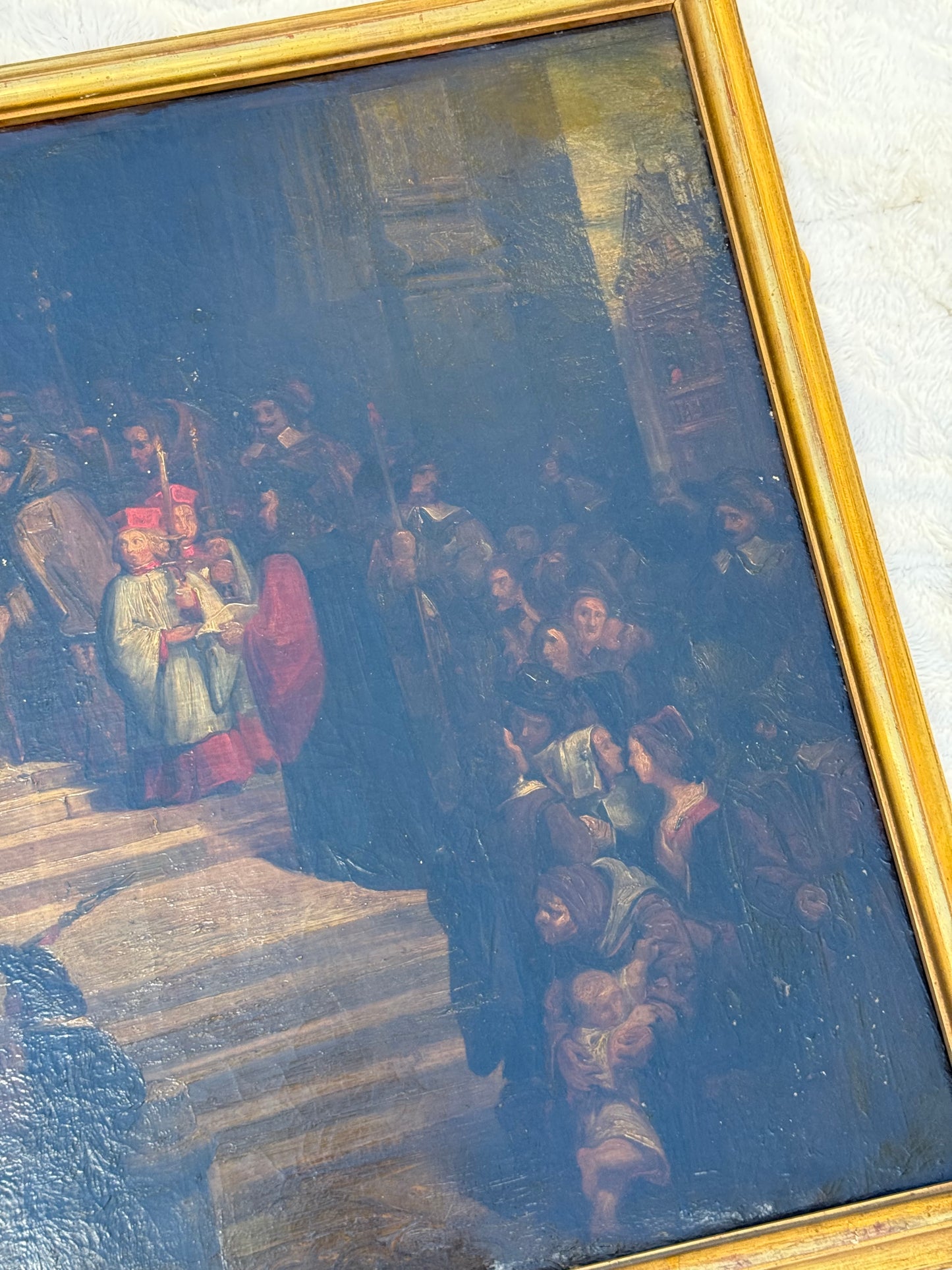 Huge Mid-19th Century Continental Public Penance Tribunal Scene – Dramatic Historic Oil Painting (35x42”)