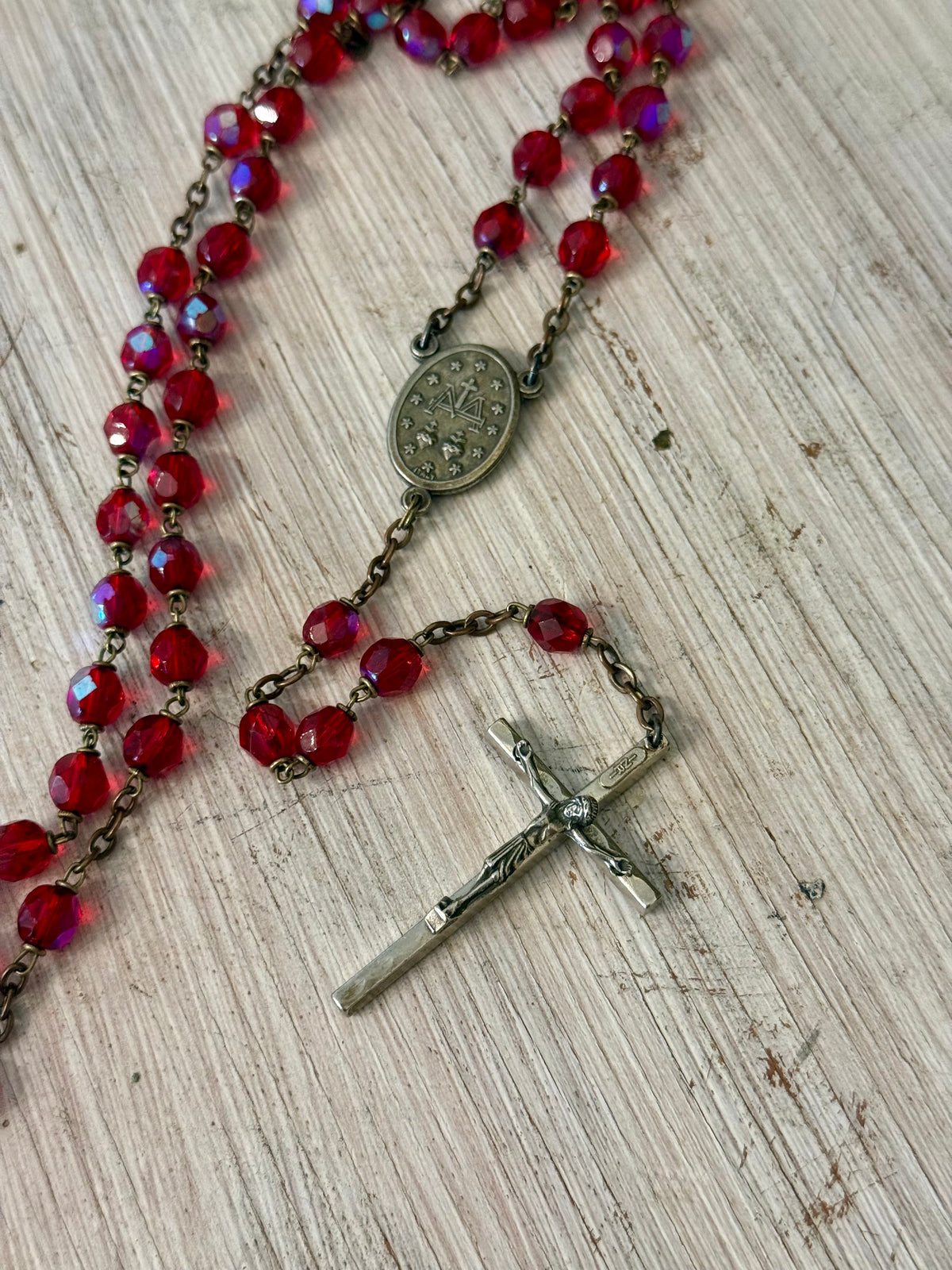 Vintage Iridescent Ruby Red Glass Catholic Rosary with Miraculous Medal