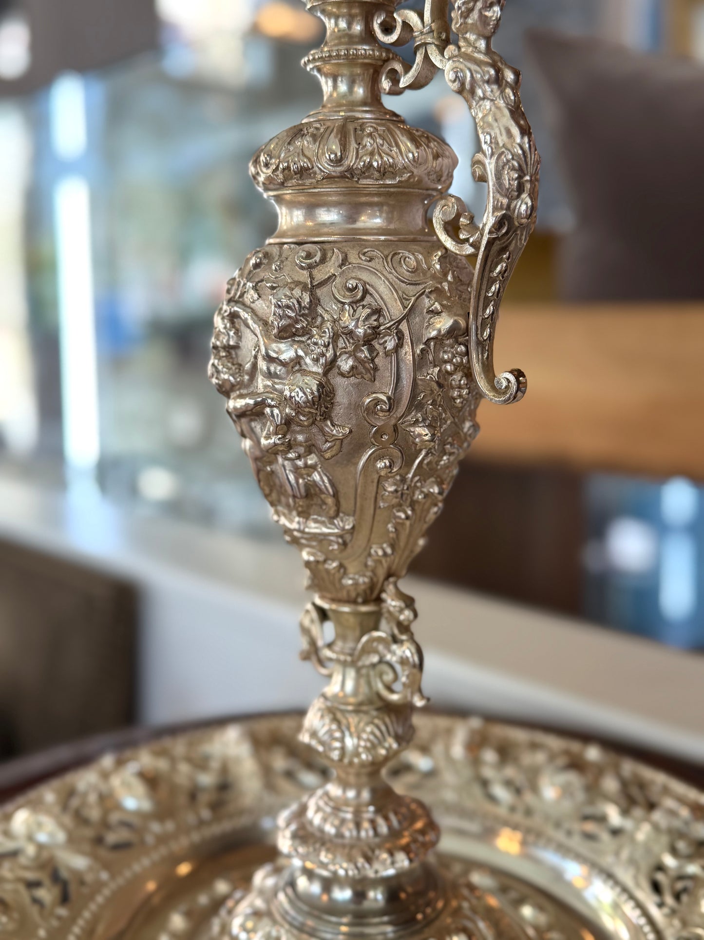 Monumental Silvered Bronze Figural Ewer & Underplate