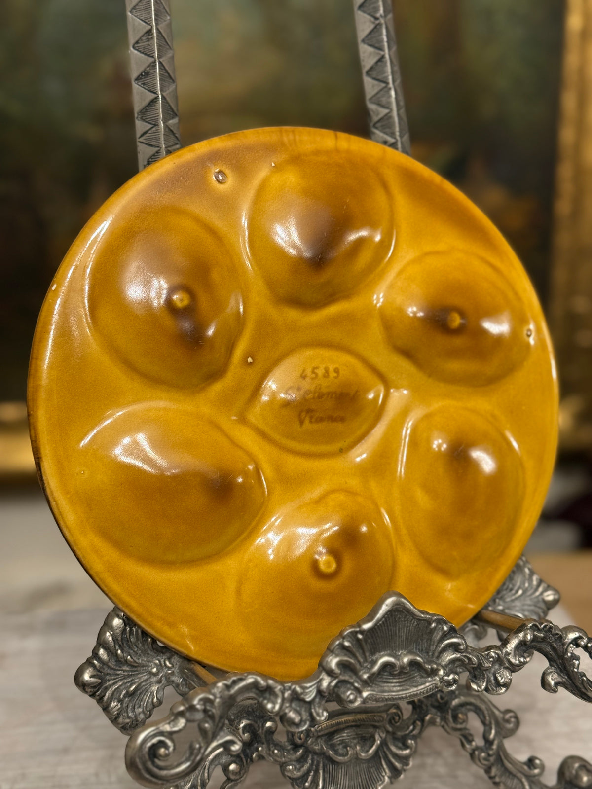 Vintage French Saint-Clément Majolica Oyster Plate in Mustard Glaze, 10”