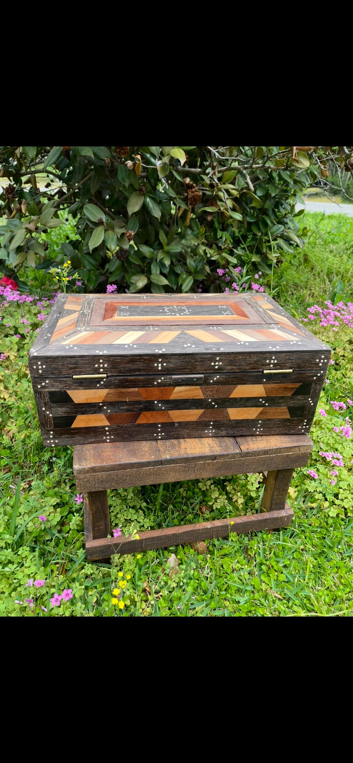 1930s Middle Eastern Parquetry Box – Porcupine Quill Inlay – Hardwood Jewelry or Gemstone Box – Vintage Inlaid Wood Box