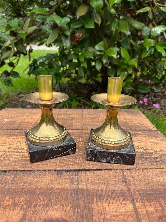 Pair of Brass Mini Candlesticks with Black Marble Bases – Hollywood Regency Table Decor