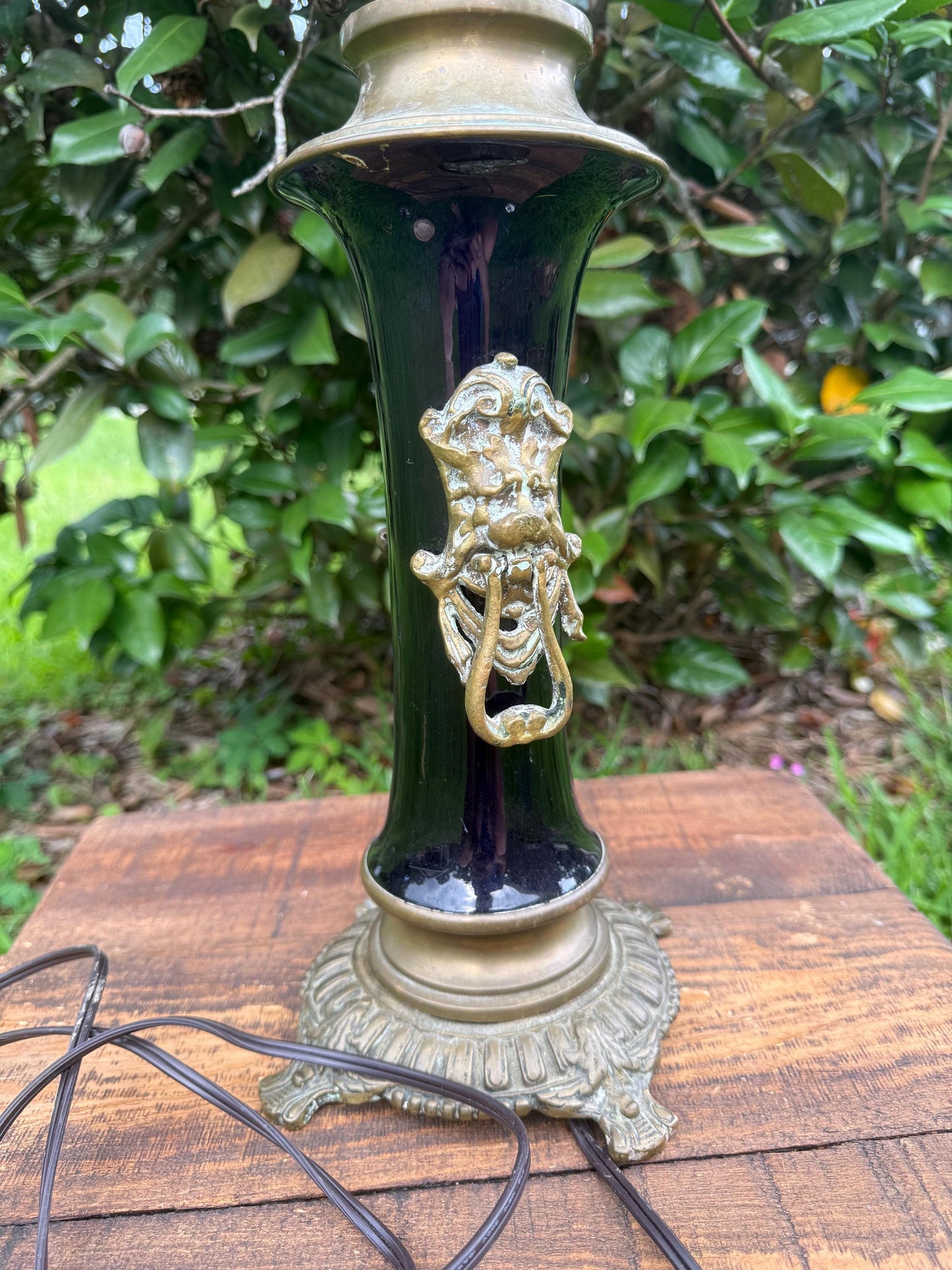 Antique Cobalt Blue Vase Lamp with Brass Lion Mounts – Converted Urn Table Lamp in Hollywood Regency or Eclectic Maximalist Style
