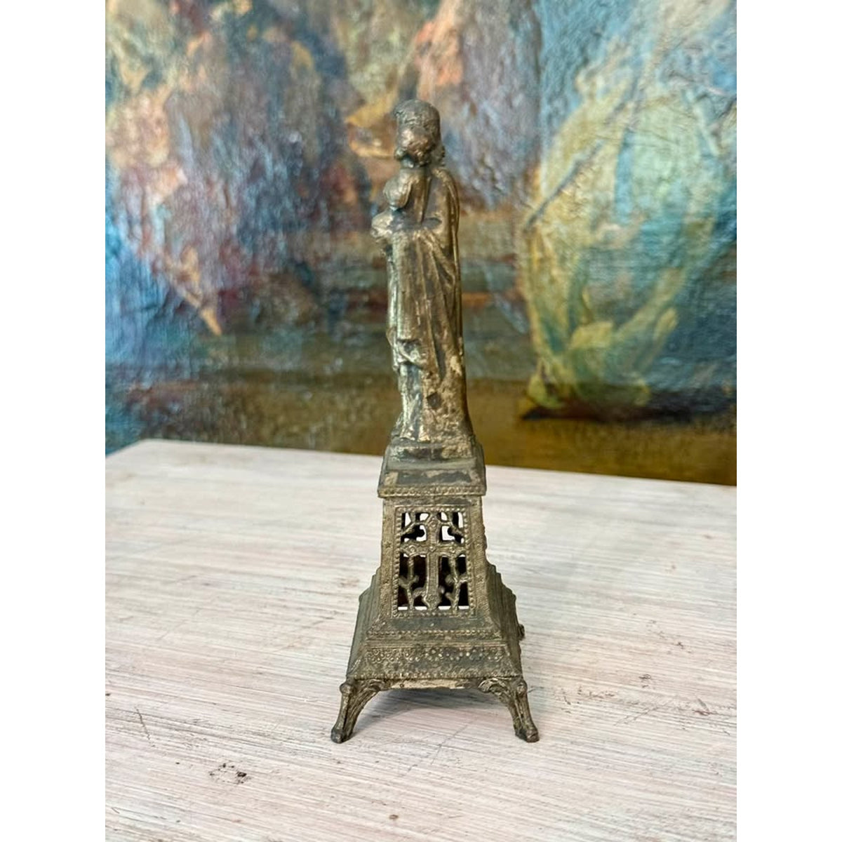 Vintage Saint Joseph with Christ Child Metal Devotional Statue