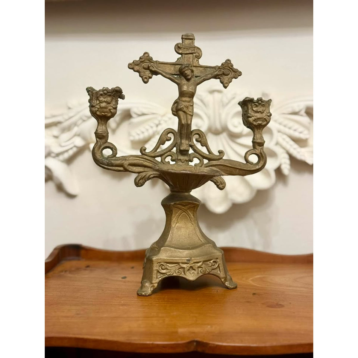 Antique Catholic Crucifix Holy Water Font Double Candle Holder Religious Altar