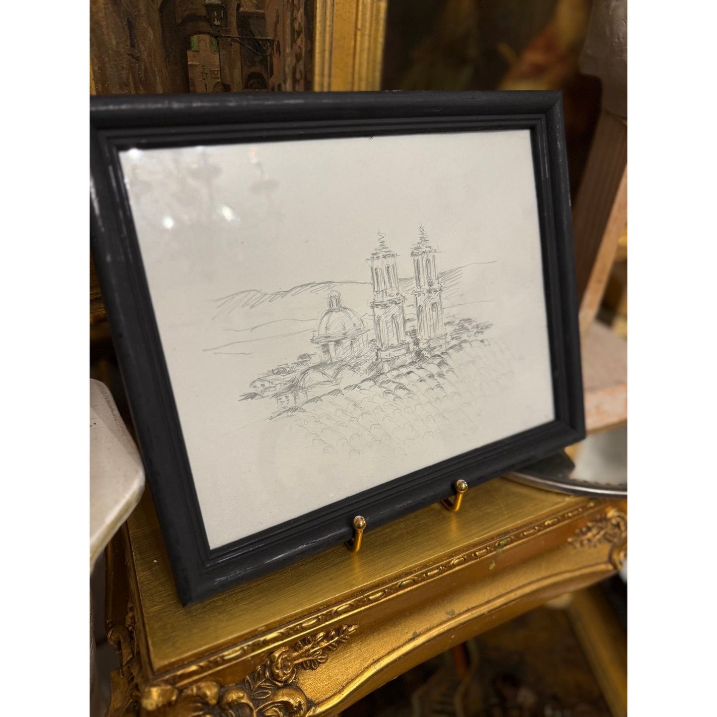 European Cathedral Rooftop Pencil Sketch | Framed Architectural Drawing