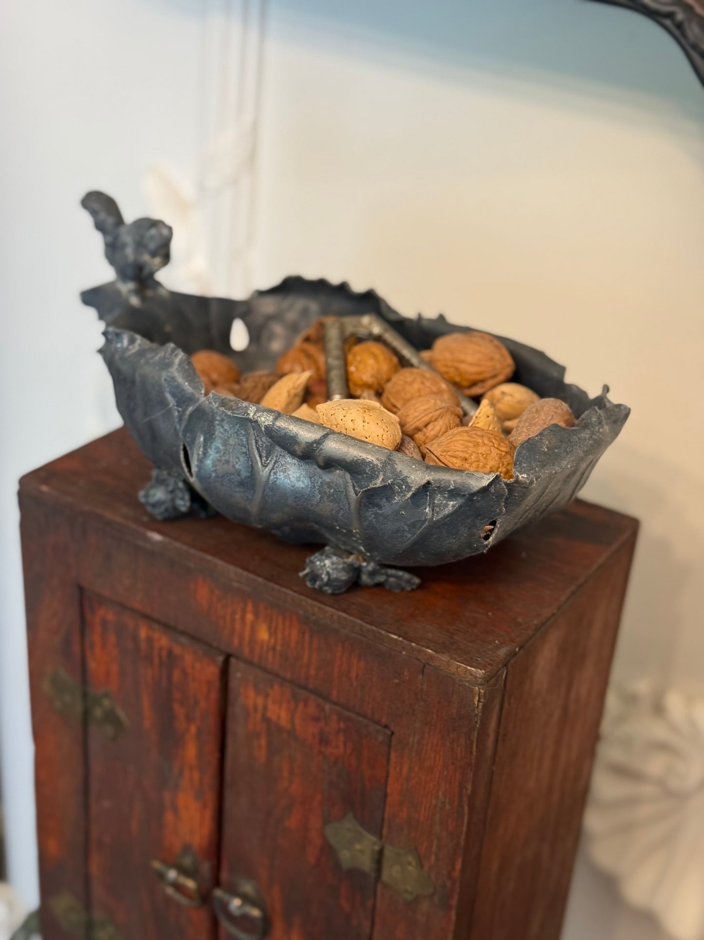 Antique Victorian Silverplate Figural Squirrel Nut Bowl in Leaf Form, Circa 1900