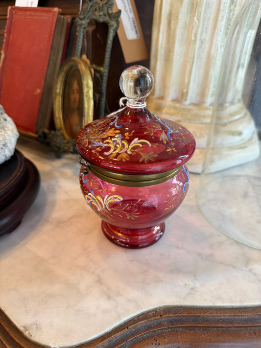 Antique Bohemian Ruby Glass Enameled Hinged Casket